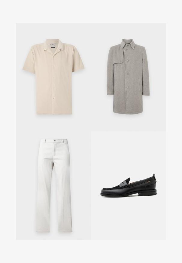Grau melierter Wollmischmantel mit Kragen, Knopfverschluss und einer aufgesetzten Tasche auf der linken Seite. Lange Ärmel mit gerader Silhouette.; Beige Kurzarmhemd aus weichem Stoff mit Knopfleiste, klassischem Kragen und subtiler Textur.; Helle graue Hose mit geradem Bein, aus einem glatten Stoff gefertigt, mit vorderer Knopfverschluss und Seitentaschen.; Schwarzer Lederloafer mit grauem Riemendetail, niedrigem Absatz und strukturierter Sohle, seitlich mit „HUGO“ in Gold gebrandmarkt.