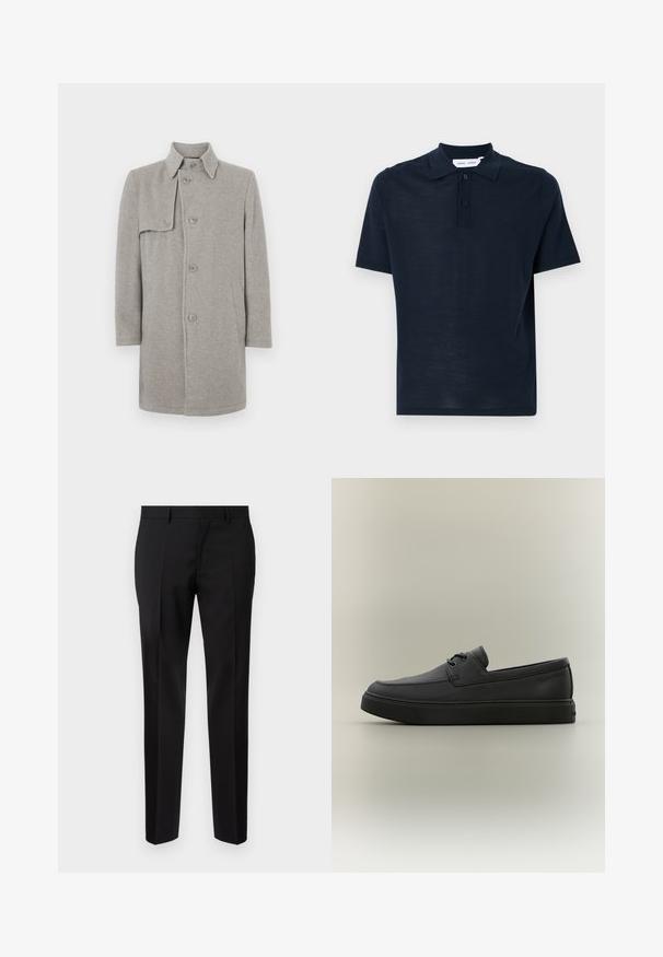 Manteau en laine gris mélangé avec un col, fermeture boutonnée et une poche plaquée sur le côté gauche. Manches longues avec une silhouette droite.; Polo bleu marine fabriqué en matériau doux, à manches courtes, col classique, patte de boutonnage à trois boutons et coupe décontractée.; Pantalons noirs ajustés en tissu lisse, présentant une jambe droite, des détails de pli raffinés et une taille classique avec passants de ceinture.; Mocassin décontracté en cuir noir avec des détails de laçage et une semelle en caoutchouc épaisse, présenté de profil sur un fond neutre.