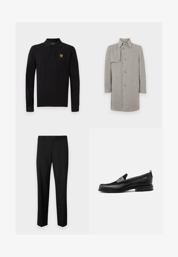 Grå uldblandingsfrakke med krave, knaplukning og en lomme på venstre side. Lange ærmer med en lige silhuet.; Sort langærmet polo-shirt lavet af bomuld. Har en klassisk krave, tre-knaps placket og et gyldent emblem på venstre bryst.; Sorte skræddersyede bukser med flad front, standard talje og lige ben. Lavet af glat stof, med en enkelt knaplukning.; Sort læderloafer med grå remdetalje, lav hæl og tekstureret sål, mærket med "HUGO" i guld på siden.