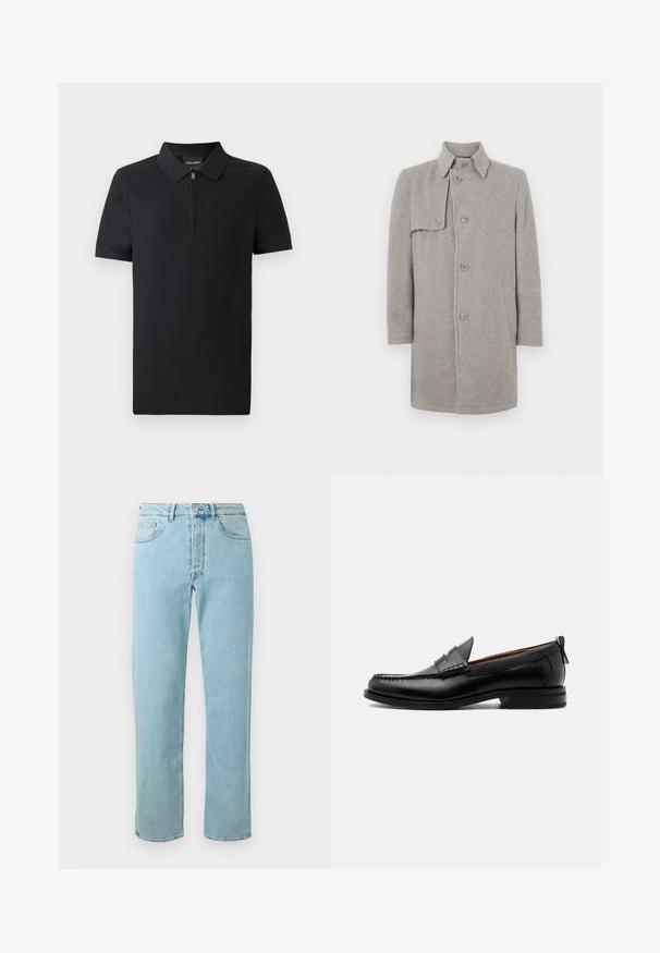 Grau melierter Wollmischmantel mit Kragen, Knopfverschluss und einer aufgesetzten Tasche auf der linken Seite. Lange Ärmel mit gerader Silhouette.; Schwarzes Poloshirt mit kurzen Ärmeln und durchgehendem Reißverschlusskragen, aus glattem Stoff gefertigt, mit klassischem Design und taillierter Passform.; Helle blaue Jeans aus Denim mit geradem Schnitt, fünf Taschen, einem Reißverschluss und einem dezenten Verblassen des Stoffes.; Schwarzer Leder-Herrenschuh mit Mokassinnaht, Penny-Riemen, strukturiertem Kragen und niedrigem gestapeltem Absatz auf weißem Hintergrund.