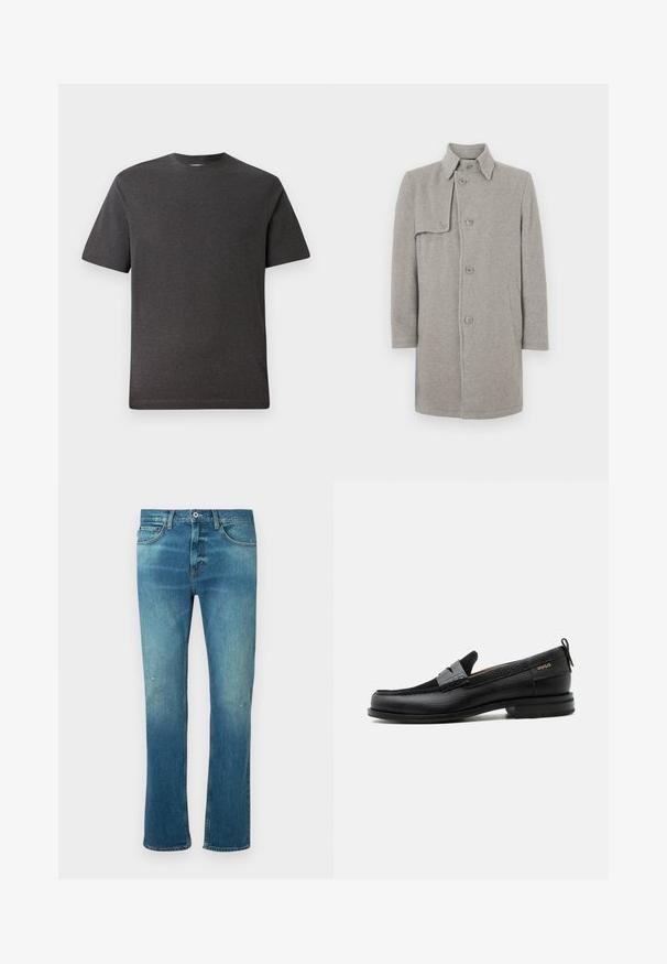 Abrigo de mezcla de lana gris con cuello, cierre de botones y un bolsillo de parche en el lado izquierdo. Mangas largas con una silueta recta.; Camiseta de manga corta gris, hecha de una tela suave y ligera, con cuello redondo y costuras mínimas. Apta para uso casual.; Vaqueros de mezclilla azul con corte recto, con un acabado desgastado, ligero deterioro en las rodillas y diseño clásico de cinco bolsillos.; Mocasín de cuero negro con detalle de tira gris, tacón bajo y suela texturizada, con la marca "HUGO" en oro en el lateral.