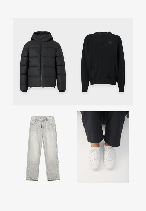 Sort pufferjakke med hætte, med vandret kviltede syninger, en frontlynlås og ribbede mansjetter. Glat, let blankt stof.; Sort ribbet sweater med rund halsudskæring, der har struktureret stof og et lille logo-patch øverst til venstre. Enkelt og tætsiddende design.; Lys grå denimjeans med en let falmet finish, lige pasform, fem-lomme design og flosset søm. Flad taljebånd med bælteløkker.; Hvide lædersneakers med en glat overflade, rund tå og klassisk snøresystem, placeret over mørke, løse bukser.