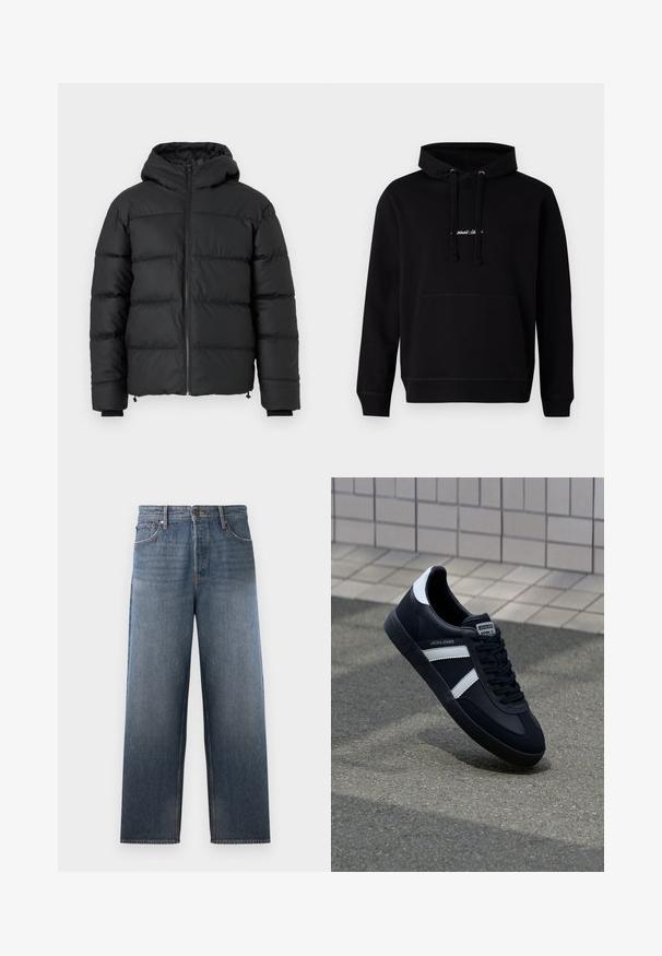 Schwarze Daunenjacke mit Kapuze, ausgestattet mit horizontalen Steppnähten, einem Reißverschluss vorne und gerippten Bündchen. Glattes, leicht glänzendes Material.; Schwarzer Hoodie aus Baumwolle mit einer Fronttasche, Kapuze mit Kordelzug und einem kleinen gestickten Logo auf der Brust. Klassische Passform mit gerippten Bündchen.; Jeans aus Denim in mittlerem Blau mit einem geraden Bein Design, ausgestattet mit fünf Taschen, einem Knopf- und Reißverschluss sowie subtilen Verblassungen.; Schwarze Leder-Sneaker mit weißen Streifen, strukturiertem Gummisohle und Schnürung. Verfügt über ein Markenetikett auf der Zunge.