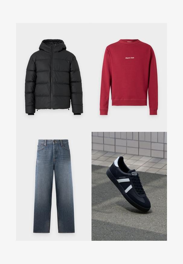 Schwarze Daunenjacke mit Kapuze, ausgestattet mit horizontalen Steppnähten, einem Reißverschluss vorne und gerippten Bündchen. Glattes, leicht glänzendes Material.; Burgunderfarbener Sweatshirt aus Baumwollmischung mit Rundhalsausschnitt, gerippten Bündchen und Saum. Auf der Vorderseite befindet sich der weiße gestickte Text "Original Studio".; Jeans aus Denim in mittlerem Blau mit einem geraden Bein Design, ausgestattet mit fünf Taschen, einem Knopf- und Reißverschluss sowie subtilen Verblassungen.; Schwarze Leder-Sneaker mit weißen Streifen, strukturiertem Gummisohle und Schnürung. Verfügt über ein Markenetikett auf der Zunge.