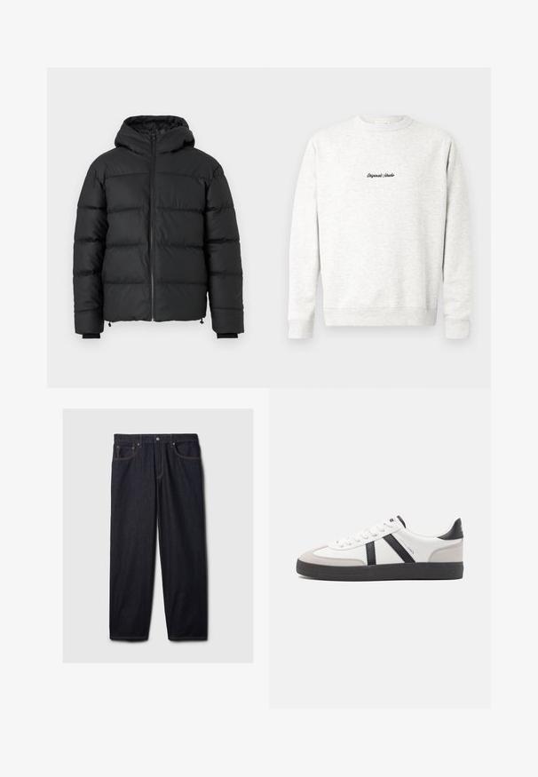 Sort pufferjakke med hætte, med vandret kviltede syninger, en frontlynlås og ribbede mansjetter. Glat, let blankt stof.; Lys grå crewneck sweatshirt lavet af blødt materiale, med et lille sort "Originals Studio" logo på fronten og ribbede manchetter.; Mørke denim jeans med lige pasform, der har en knap- og lynlås-lukning, to frontlommer og kontrastfarvet orange syning.; Hvide sneakers med sorte og grå detaljer, med en tekstureret grå tåhætte, sort gummisål og flade hvide snørebånd. Rent design, minimalistisk stil.