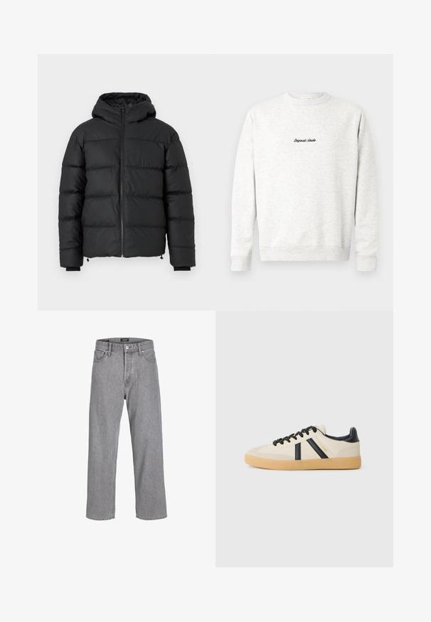 Sort pufferjakke med hætte, med vandret kviltede syninger, en frontlynlås og ribbede mansjetter. Glat, let blankt stof.; Lys grå crewneck sweatshirt lavet af blødt materiale, med et lille sort "Originals Studio" logo på fronten og ribbede manchetter.; Grå denimbukser med en afslappet, løs pasform. Har et traditionelt fem-lomme design og en knaplukning i taljen.; Casual sneakers i creme med sorte striber, med en tekstureret overdel og sål i gummigummi. Snørebåndene er sorte. Diskret logo på siden.