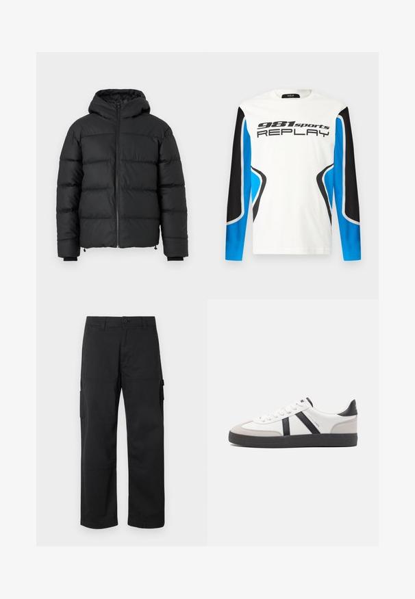Chaqueta de plumas negra con capucha, que presenta costuras acolchadas horizontales, un cierre frontal y puños de canalé. Tejido liso y ligeramente brillante.; Camisa deportiva de manga larga con el frente blanco, paneles de mangas en negro y azul, y el logotipo "981 sports REPLAY" impreso en el pecho.; Pantalones cargo negros con diseño de pierna recta, múltiples bolsillos laterales y cierre de botón. Fabricados con un tejido duradero y ligero.; Zapatilla blanca con acentos en negro y gris, que presenta una puntera texturizada en gris, suela de goma negra y cordones planos blancos. Diseño limpio, estilo minimalista.