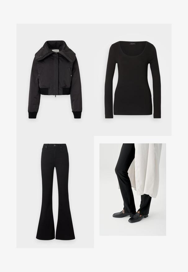 Replay JACKET - Bomber-jakk - black; Musthave musta pikk varrukas topp, millel on ümmargune kaelus, valmistatud pehmest ja venivast kangast. Omab täpset lõiget ja sujuvat tekstuuri. Brändi silt on nähtav.; Mustad kõrge vöökohaga lehvitavate sääreosadega teksapüksid eest kinnituskinnise ja taskutega, valgel taustal.; Mustad nahast loafersid ruudukujulise ninaga ja madala plokksaablikandega, kombineeritud mustade vormiliste pükstega ja voogava valge pealiskihiga.