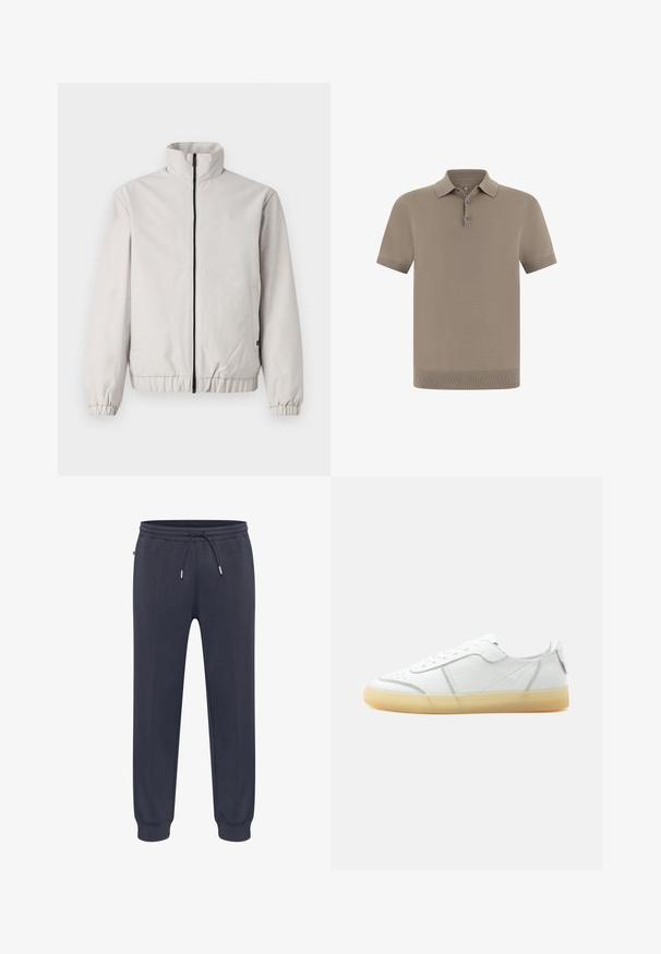 TOM TAILOR DENIM STAND UP COLLAR BLOUSON - Vodotesná bunda - dusty putty grey; Polo tričko v odtieni taupe s textúrovaným povrchom, krátkymi rukávmi a golierom. Má zapínanie na tri gombíky a rebrované manžety.; Tmavomodré tepláky s elastickým pásom, nastaviteľným šnúrkou, bočnými vreckami a priliehavými manžetami. Vyrobené z mäkkého, ľahkého materiálu.; Biela nízka kožená teniska s béžovou priehľadnou podrážkou, šnurovaním vpredu a minimálnymi švami, zobrazená z boku na jednoduchom pozadí.