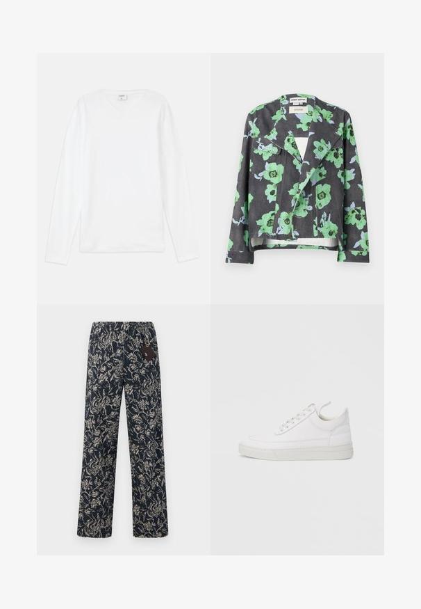 Blomstret jakke med sort baggrund, store grønne og blå blomster, reverskrave og forlommer. Lavet af tekstureret stof.; Hvid langærmet T-shirt med V-udskæring, lavet af blødt materiale, med en afslappet pasform og sideslids for nem bevægelse.; Marineblå bukser med blomsterprint, elastisk talje og en løs pasform i struktureret stof. Inkluderer et mærke fastgjort til taljen.; Hvid lædersneaker med rundet tå, flad sål og snørebånd foran. Har syningsdetaljer og polstret krave for komfort.