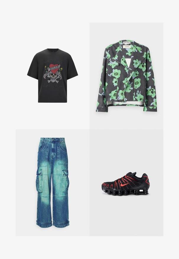 Blomstret jakke med sort baggrund, store grønne og blå blomster, reverskrave og forlommer. Lavet af tekstureret stof.; Sort grafisk t-shirt med et skelet, rødt hjerte og teksten "Love Kills", prydet med farverige rhinsten og et løst fit design.; Denim cargo bukser i gradient blå, med flere lommer, brede ben og en frynset kant. Lavet af kraftigt stof med synlige sømme.; Sorte atletiksko med røde detaljer, der har en struktureret mesh-overdel, et unikt bølget design og en formstøbt polstret sål.