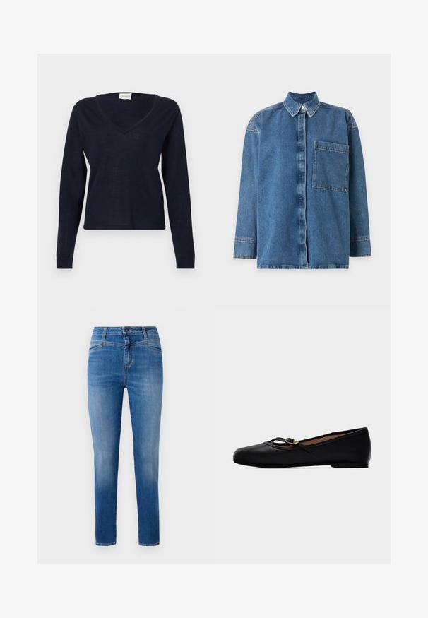Pikkade varrukatega sinine teksasärk suure rinnataskuga, esikinnis nööpidega ja klassikalise kraega, valgel taustal eksponeeritud.; CLOSED V NECK LONG SLEEVE - Džemper - dark night; Klassikalised sinised denim teksad otse lõikega, keskmise tõusuga vöökoht, esipidemed ja oranž õmblusdetail.; Must nahast madal king, millel on õhuke rihm ja väike kuldse südamekujuline pandlaga kinnis, ümar varvas ja madal konts.