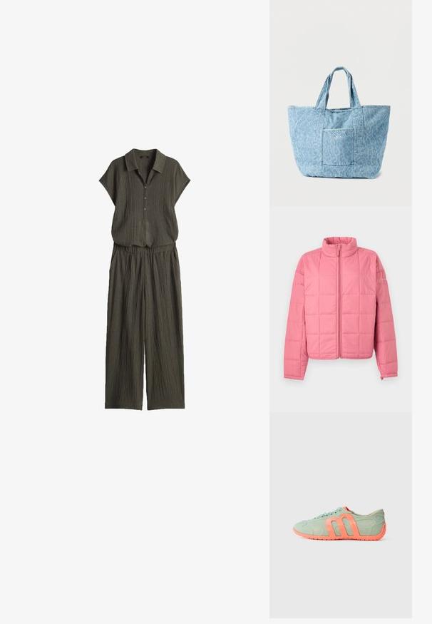 Roze doorgestikte jas met ritssluiting aan de voorkant, opstaande kraag, lange mouwen en subtiel merklogo op de bovenkant van de linkerarm.; Olijfgroene jumpsuit van gestructureerde stof, met korte mouwen, een kraag, knopen aan de voorkant, een elastische taille en brede broekspijpen.; Lichtgroene sportschoen met oranje accenten, met een gladde textuur, ronde vorm, platte zool en logodetail aan de zijkant.; Denim draagtas in lichtblauw met een subtiele luipaardprint, voorzien van twee stevige handvatten en een voorvak met een logo. Zachte textuur.