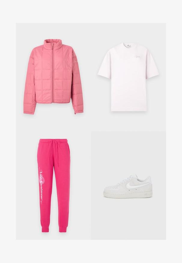 Lyserød quiltet jakke med lynlås foran, opretstående krave, lange ærmer og diskret brandlogo på den øverste venstre arm.; Lyserød Nike T-shirt med korte ærmer med lille "Just Do It" tekst på øverste venstre bryst og rund halsudskæring.; Lyserøde sweatpants lavet af blødt stof, med snor i taljen, tapered cuffs og hvid grafisk tekst på venstre ben.; Hvid ruskind Nike Air Force 1-sneaker med tekstureret finish, rund tå og kontrasterende hvid logo-accent, med en gummisål.