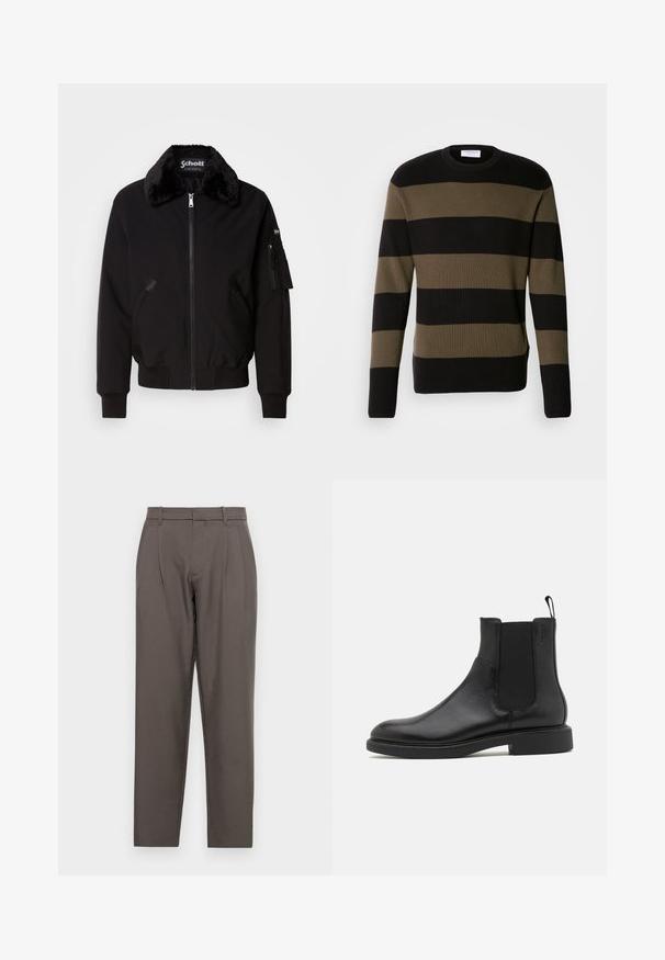 Schwarze Bomberjacke aus weichem Material mit einem Pelzkragen, frontalem Reißverschluss, Seitentaschen und einer Utility-Tasche am Ärmel.; Lindbergh BLOCK STRIPE - Strickpullover - olive; Jack & Jones JPSTBILL JJDAYTONA WIDE CHINO - Chino - pavement; Schwarze Leder-Ankle-Boots mit glatter Textur, elastischen Seitenpaneelen und einer Zuglasche. Runde Zehenpartie und flache Gummisohle mit minimalem Profil.