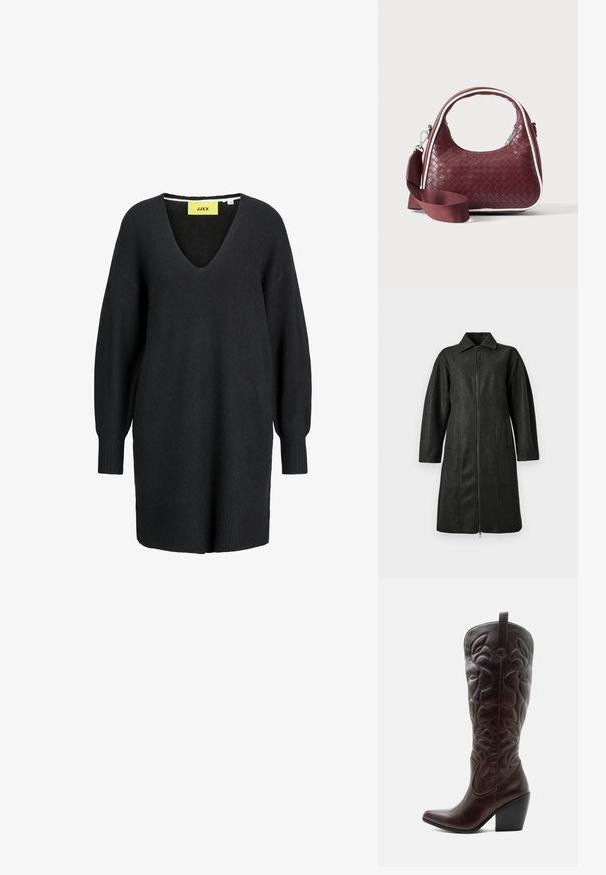 Abrigo largo gris oscuro con cuello, mangas largas, cremallera frontal y dos bolsillos verticales sobre un fondo liso.; Vestido suéter de punto negro de manga larga con cuello en V y puños y dobladillo acanalados, con una etiqueta amarilla de la marca JJXX en el interior del escote.; Bota vaquera alta de cuero marrón oscuro con patrones decorativos cosidos, punta puntiaguda y tacón de bloque apilado.; Bolso de mano de cuero tejido color granate con asa curva, ribete blanco, cremallera plateada y correa desmontable de tela ancha para el hombro sobre fondo liso.