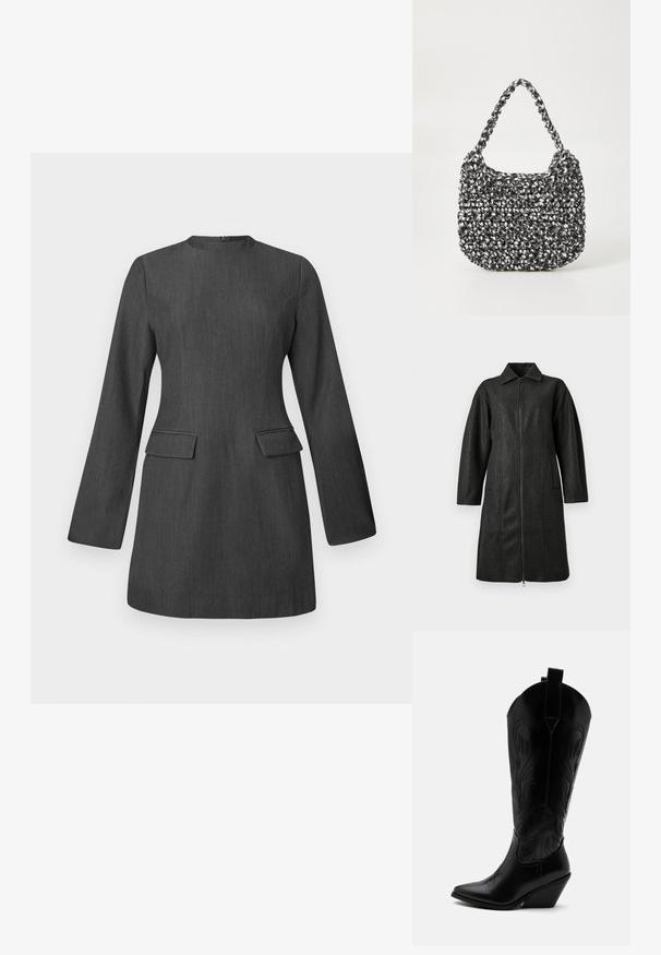 Dunkelgrauer langer Mantel mit Kragen, langen Ärmeln, Frontreißverschluss und zwei vertikalen Taschen auf einem einfarbigen Hintergrund.; Graues, tailliertes Kleid mit langen Ärmeln, Rundhalsausschnitt und zwei vorderen Taschen. Hergestellt aus strukturiertem Stoff und zeichnet sich durch ein elegantes, strukturiertes Design aus.; Schwarzer Leder-Cowboystiefel mit spitzer Zehe, schrägem Blockabsatz, dekorativer Naht und Zuglaschen oben vor weißem Hintergrund.; Gewebte Handtasche in Schwarz und Weiß mit runder Form, strukturiertem Oberflächenfinish und geflochtener Grifffläche. Geeignet für den lässigen Gebrauch.