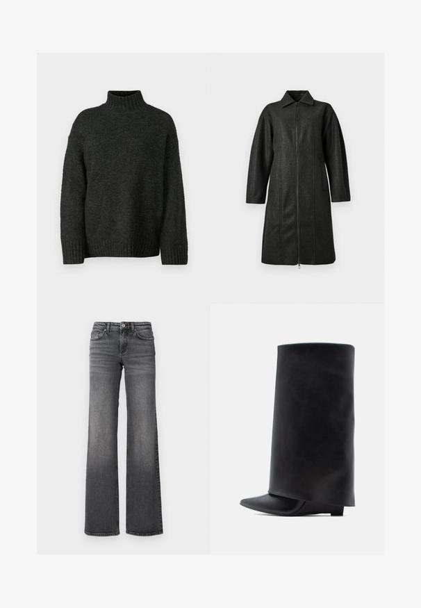 Mørkegrå lang frakke med krave, lange ærmer, lynlås foran og to lodrette lommer på en ensfarvet baggrund.; Vero Moda Tall VMMADDIE HIGHNECK PULL - Striktrøje - dark grey melange; Mørkegrå denim jeans med lige ben, let falmet på lårerne og standard fem-lomme design mod en hvid baggrund.; Sorte læderankelstøvler med høj cylindrisk skaft, spids snude og lav flad hæl, der har en glat tekstur og et minimalistisk design.