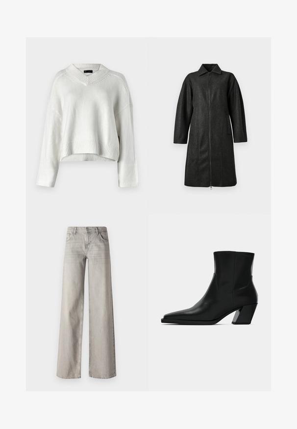 Mørkegrå lang frakke med krave, lange ærmer, lynlås foran og to lodrette lommer på en ensfarvet baggrund.; Hvid cropped sweater med V-hals, ribbet kant og lange ærmer. Fremstillet af et blødt, tekstureret strikket materiale. Enkel og alsidig design.; Lys grå bredbenede jeans lavet af denim, med fem-lomme design, frontknaplukning og let falmet tekstur.; Sortlæder ankelstøvle med spids tå, en slank silhuet og en kraftig firkantet hæl. Glat tekstur med minimale stikninger.