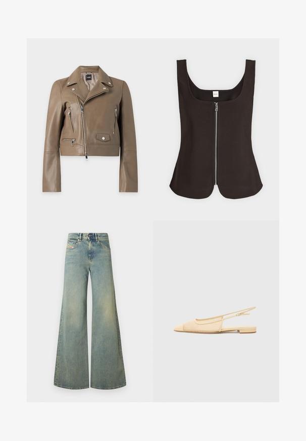 Veste de motard en cuir marron avec fermeture éclair asymétrique, boutons-pression argentés, poches zippées et col à revers, affichée sur fond blanc.; Top noir sans manches avec col carré et fermeture éclair argentée devant, ourlet légèrement évasé, étiquette Calvin Klein à l'intérieur du col arrière.; Jeans larges bleu clair à taille haute, avec un design classique à cinq poches et un léger délavage. Texture en denim, finition unie.; Chaussure plate slingback en beige clair avec une tige en maille, un bout pointu et un petit talon. Dotée d'une sangle ajustable pour un bon maintien.