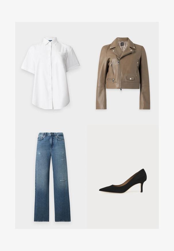 Veste de motard en cuir marron avec fermeture éclair asymétrique, boutons-pression argentés, poches zippées et col à revers, affichée sur fond blanc.; Chemise blanche à manches courtes avec col et poche poitrine, présentée sur un fond clair uni.; Jean en denim bleu avec une coupe droite, des détails usés et un ourlet net. Le tissu présente un léger effet de dégradé délavé.; Escarpin en daim noir à bout pointu avec un talon stiletto fin de hauteur moyenne et un design à coupe basse sur un fond uni.