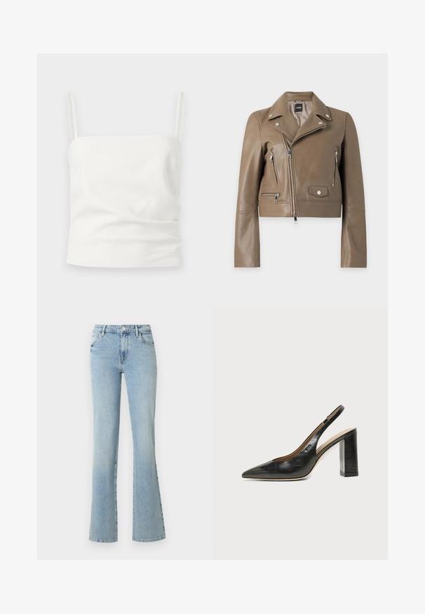 Veste de motard en cuir marron avec fermeture éclair asymétrique, boutons-pression argentés, poches zippées et col à revers, affichée sur fond blanc.; Haut court blanc sans manches avec fines bretelles, encolure carrée et détails subtils de tissu froncé.; Jean bleu clair taille haute avec bouton et fermeture éclair à l'avant, deux poches avant et jambes droites légèrement évasées sur fond blanc.; Chaussure slingback en cuir noir à bout pointu avec un talon bloc haut et une doublure intérieure beige sur un fond clair uni.