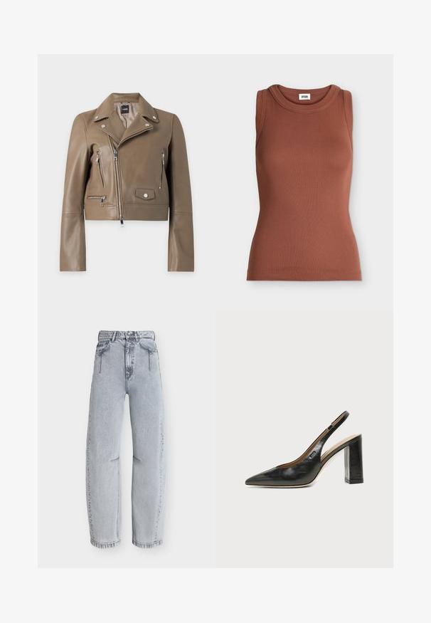 Veste de motard en cuir marron avec fermeture éclair asymétrique, boutons-pression argentés, poches zippées et col à revers, affichée sur fond blanc.; Débardeur marron slim fit en côtes sans manches avec encolure ronde et étiquette de marque à l’intérieur du col.; Jean bleu clair taille haute à jambes droites, avec poches avant, passants de ceinture et fermeture bouton-zipper sur fond uni.; Chaussure slingback en cuir noir à bout pointu avec un talon bloc haut et une doublure intérieure beige sur un fond clair uni.