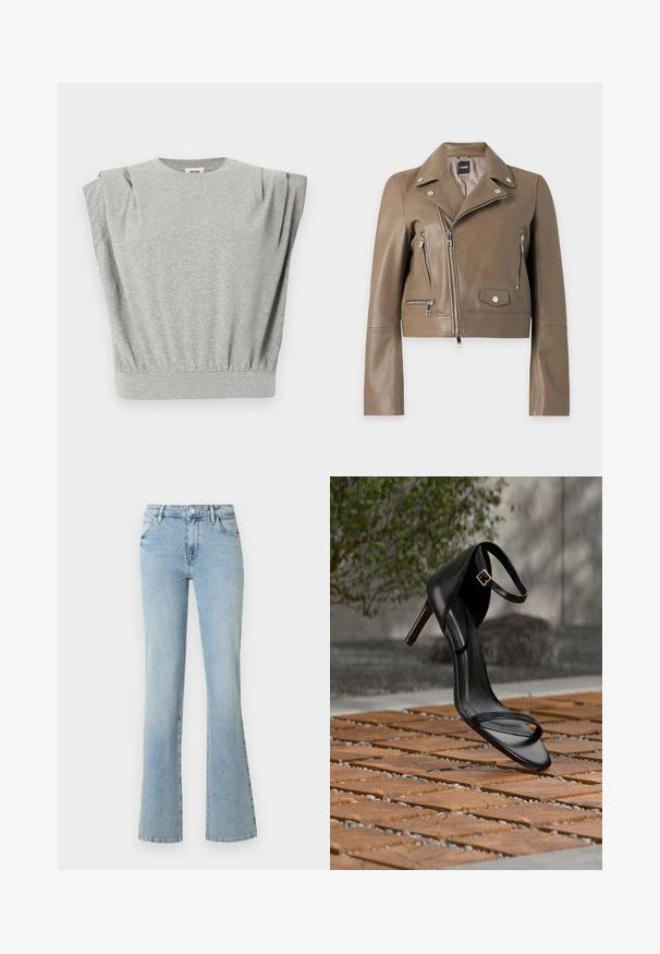 Veste de motard en cuir marron avec fermeture éclair asymétrique, boutons-pression argentés, poches zippées et col à revers, affichée sur fond blanc.; Sweat-shirt gris avec manches courtes bouffantes, encolure ronde et ourlet froncé à la taille. Matière douce en mélange de coton.; Jean bleu clair taille haute avec bouton et fermeture éclair à l'avant, deux poches avant et jambes droites légèrement évasées sur fond blanc.; Sandale noire à talon haut avec sangle à la cheville, suspendue au-dessus d'un sol en carreaux de bois à l'extérieur, avec un arrière-plan flou de verdure et de pierre.