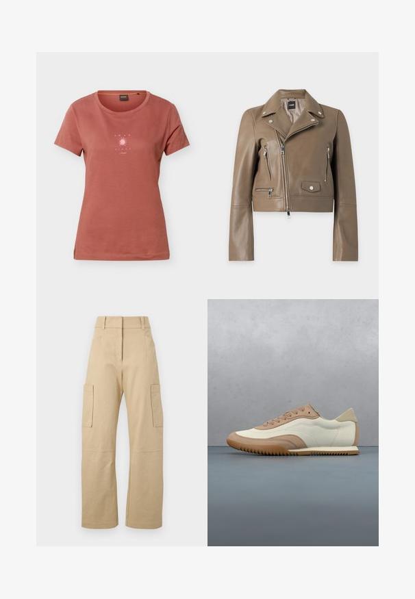 Veste de motard en cuir marron avec fermeture éclair asymétrique, boutons-pression argentés, poches zippées et col à revers, affichée sur fond blanc.; T-shirt à manches courtes couleur rouille avec un col rond et un petit graphisme de soleil rose avec le texte "AMAR EL SOL" sur la poitrine.; Pantalons cargo beiges en coton, avec une taille haute, des jambes larges, deux poches latérales et deux grandes poches cargo sur les cuisses.; Baskets crème et beige avec une tige texturée, des lacets et une semelle en caoutchouc, présentées au-dessus d'une surface en bois avec des cailloux.