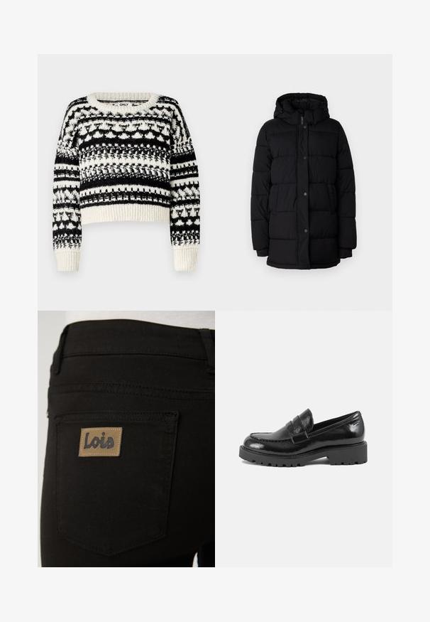 Zwarte Pufferjack met een capuchon, voorzien van een geborduurd ontwerp, drukknoopsluiting en twee zijzakken. Gemaakt van een glad, geïsoleerd materiaal.; ONLY ONLALAIA LIFE O NECK - Trui - birch/black; Zwarte denim jeans met een gewone achterzak en een lichtbruine rechthoekige label met het opschrift "Lois". Soepele textuur en klassiek ontwerp.; Zwarte laarsjes van patentaal leer met een gestructureerde neus, een decoratieve band over de wreef en een dikke, robuuste zool. Gladde, glanzende afwerking.
