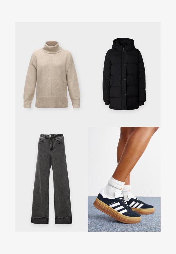 Sort puffjakke med hætte, udstyret med et quiltet design, trykknapper og to sidelommer. Fremstillet af et glat, isoleret materiale.; Beige uld rullekrave trøje med lange ærmer, ribstrikkede manchetter og kant samt en central søm, der løber lodret ned foran.; Bredde ben højtaljede sorte jeans lavet af denim, med knaplukning, fem lommer og rå kanter ved anklerne.; Ben iført hvide sokker og sorte Adidas Gazelle sneakers med hvide striber og tykke brune såler på et gråt tæppe.