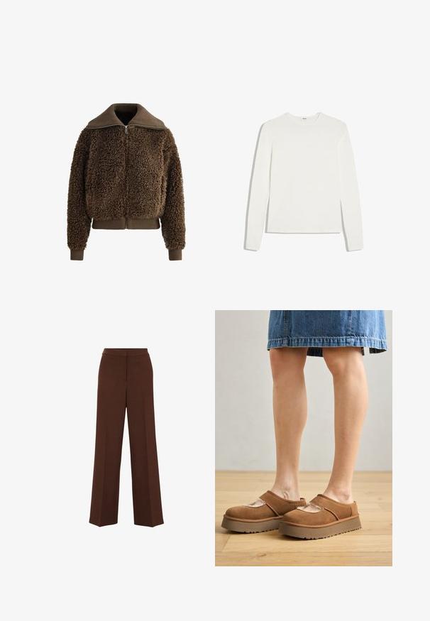 Braune Fleecejacke mit Reißverschluss, übergroßem Kragen und gerippten Bündchen sowie Saum. Strukturierter, weicher Stoff mit gemütlichem Aussehen.; Einfaches weißes Langarmshirt mit Rundhalsausschnitt und schmaler Passform, flach auf weißem Hintergrund gelegt.; Braune weit geschnittene Hosen mit glatter Textur, die einen strukturierten Taillenbund und subtile Falten auf der Vorderseite aufweisen.; Braune Wildleder-Plateauschuhe mit abgerundetem Zehenbereich, Cut-out-Details und einer stabilen Sohle, kombiniert mit einem Jeansrock auf einem Holzboden.