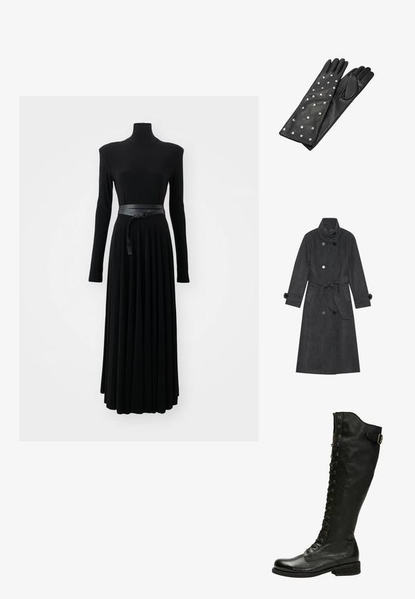 Manteau en laine gris foncé avec un col haut, design à double boutonnage, accents de boutons, ceinture à nouer et poches latérales. Texture lisse et coupe ajustée.; Norma Kamali SHOULDER PAD TURTLE FLARED DRESS TO MIDCALF - Robe en jersey - black; Botte en cuir noir hauteur genou avec un laçage à l'avant, œillets en métal argenté et boucle sur le côté. Présente une finition texturée et un talon empilé.; Gants en cuir noir avec de longs doigts, ornés d'éclats argentés disposés selon un motif. Texture lisse et ajustement serré au niveau du poignet.