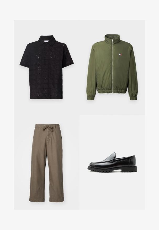 Chaqueta bomber verde oliva con cuello alto, cierre frontal, puños y cinturilla elásticos. Presenta un pequeño parche con el logo en el pecho.; Camisa de manga corta negra hecha de tela texturizada, con un patrón floral bordado y un cuello con botones.; Pantalones de pierna ancha en tejido verde oliva, con cintura ajustable, bolsillos laterales y un corte recto con pequeñas aberturas en el dobladillo.; Mocasín de cuero negro con suela de goma gruesa, empeine cosido y nombre de la marca en relieve en el talón, mostrado en perfil lateral sobre fondo blanco.