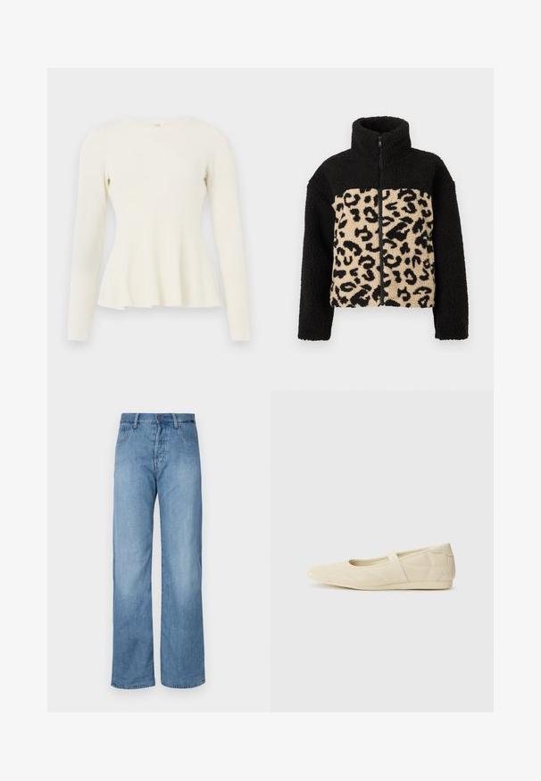 Fleecejakke med en sort overdel og en beige underdel med sort leopardprint. Lynlås foran og høj krave.; Langærmet, ribbet striktop i off-white med rund halsudskæring og flared kant. Blød tekstur med en tætsiddende bodice og flydende bund.; Lyseblå denim brede bukser med et klassisk fem-lomme design, knaplukning og diskrete syninger langs sømmene.; Lysebrune ballet flats med en glat læderoverflade, mandelformet tå og elastisk rem over vristen, med diskrete syninger.