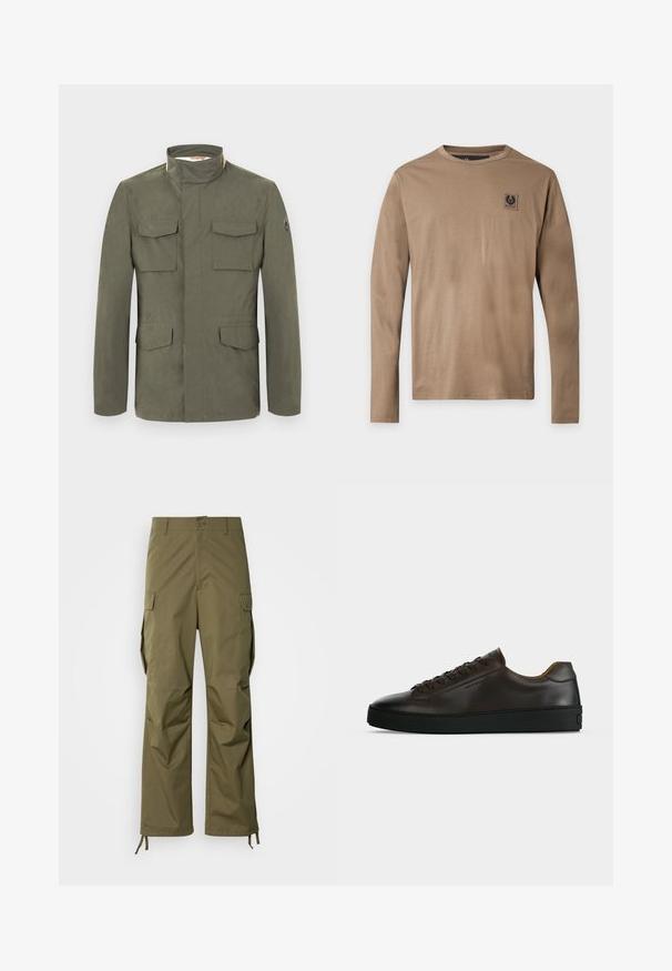 Veste vert olive avec un col haut, deux poches poitrine supérieures et deux poches latérales. Texture lisse avec un design simple à coupe droite.; T-shirt beige à manches longues avec un col rond, avec un petit patch logo carré noir sur la partie gauche de la poitrine, sur un fond uni.; Pantalons cargo vert olive en tissu durable, avec une coupe droite, des poches latérales et des lanières ajustables aux chevilles.; Baskets basses en cuir marron foncé avec semelle en caoutchouc noire, lacets à l'avant et design minimaliste épuré sur fond clair.