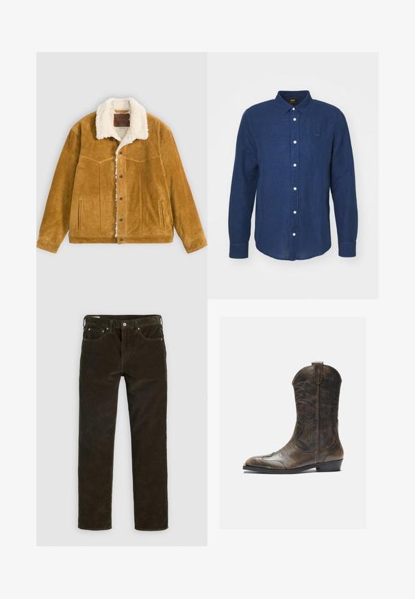 Hellbraune Wildlederjacke mit weißem Sherpa-Futter und Kragen, Knopfleiste vorne, zwei Seitentaschen und gesticktem dekorativem Muster auf der Brust.; Dunkelblaues Langarmhemd mit Button-Down-Kragen, weißen Knöpfen und dezentem gesticktem Logo auf der Brust. Weiches Material, gerade Schnittform.; Braune Cordhosen mit geradem Bein, fünf Taschen, sichtbaren Nähten und einer strukturierten Stoffoberfläche. Metallknopfverschluss hinten.; Braune Leder-Cowboystiefel mit hohem Schaft, spitzem Zehenbereich, aufwendigen Stickmustern und kleinem Absatz. Strukturierte Oberflächenbeschaffenheit.