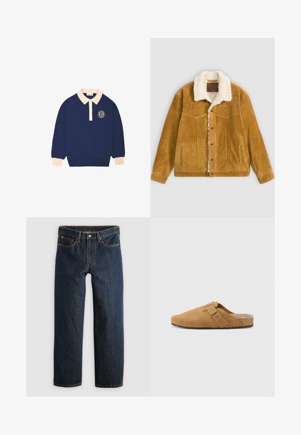 Chaqueta de ante color beige con forro y cuello de sherpa blanco, cierre de botones, dos bolsillos laterales y diseño decorativo cosido en el pecho.; Camisa polo de manga larga en color azul marino con collarete y puños en color beige, que presenta un emblema redondo con texto en el lado izquierdo del pecho.; Vaqueros de mezclilla azul oscuro con corte recto. Presentan cinco bolsillos, costuras en contraste y cierre de botón en la cintura.; Zapatos slip-on de ante marrón con una correa ancha en la parte superior, plantilla texturizada y una mediasuela de corcho. Suela de goma plana que añade tracción.