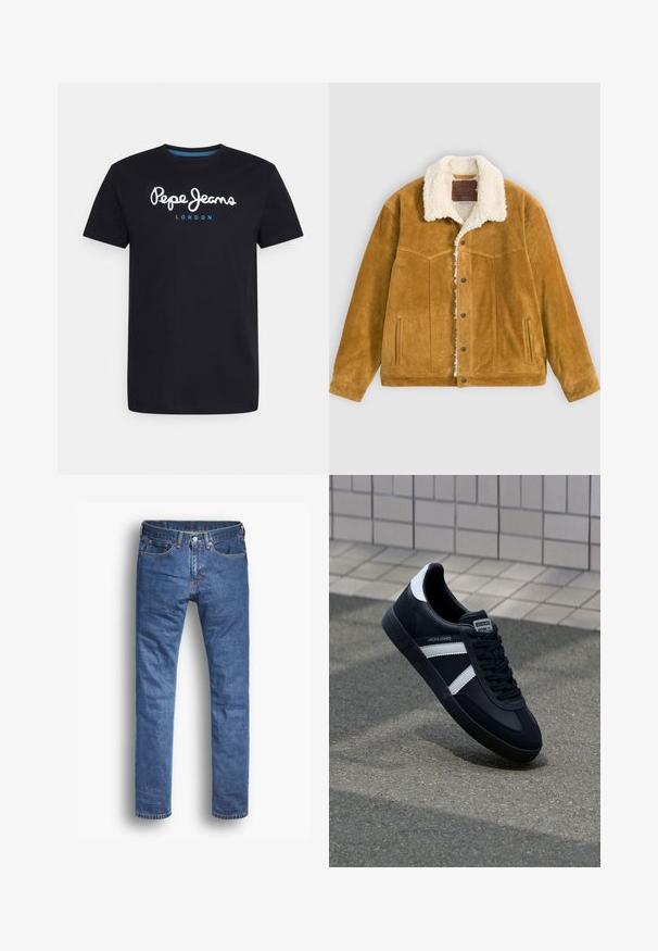 Chaqueta de ante color beige con forro y cuello de sherpa blanco, cierre de botones, dos bolsillos laterales y diseño decorativo cosido en el pecho.; Camiseta negra de algodón con un logo de guion en blanco "Pepe Jeans" con un acento azul, cuello redondo y mangas cortas. Diseño simple y sólido.; Vaqueros de mezclilla en un lavado azul medio con un corte recto, que cuentan con cinco bolsillos, un cierre de botón y cremallera, y sutilezas en los acentos de costura.; Zapatilla de cuero negra con rayas blancas, suela de goma texturizada y parte frontal con cordones. Cuenta con una etiqueta de marca en la lengüeta.