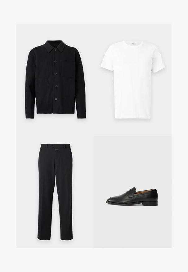 Chemise noire à manches longues avec boutons, col et une poche poitrine unique sur le côté gauche, présentée sur un fond clair.; T-shirt en coton blanc uni à manches courtes avec col rond, présenté à plat sur un fond gris clair.; Pantalon noir à coupe droite, en tissu lisse. Il présente une fermeture à bouton à l'avant et des détails de couture subtils. Conception simple sans motifs.; Mocassin en cuir noir avec un bout arrondi, des coutures subtiles et un talon bas, présentant une texture lisse et un design minimaliste.