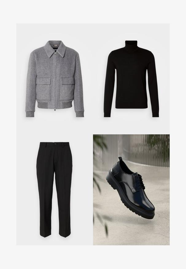 Chaqueta gris con patrón de espiga, con cuello, cremallera frontal y dos bolsillos con solapa. Cuenta con puños y dobladillo acanalados para un mejor ajuste.; Suéter negro de cuello alto confeccionado en un tejido de punto fino, con mangas largas y una silueta ajustada. Textura suave con puños acanalados.; Pantalones negros de tela suave, con un diseño de pierna recta, bolsillos delanteros, un cierre de botón y sin patrones visibles.; Zapato de cuero negro con un acabado brillante, puntera redonda, diseño de cordones, costuras de contraste y una suela de goma gruesa con patrones de tracción.