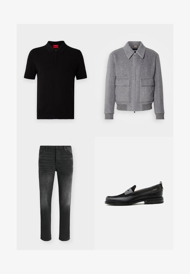 Chaqueta gris con patrón de espiga, con cuello, cremallera frontal y dos bolsillos con solapa. Cuenta con puños y dobladillo acanalados para un mejor ajuste.; Camisa polo negra hecha de algodón suave. Presenta un cuello clásico, mangas cortas y una etiqueta roja en el escote. Sin patrones ni adornos.; Vaqueros negros de corte ajustado con detalles desgastados, estilo de cinco bolsillos y cierre con botón en la cintura.; Mocasín de cuero negro con detalle de tira gris, tacón bajo y suela texturizada, con la marca "HUGO" en oro en el lateral.