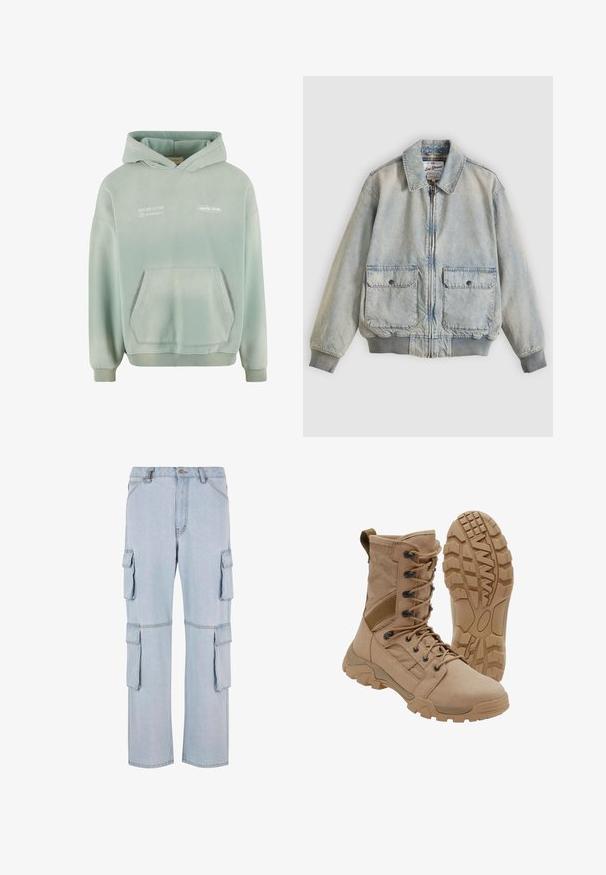 Veste en denim bleu clair avec fermeture éclair à l'avant, deux poches avant, poignets côtelés et col. Doublure à carreaux. Design décontracté.; Sweat à capuche vert clair avec une poche kangourou, des poignets et un ourlet côtelés. Avec du texte imprimé en blanc à l'avant et une finition douce et texturée.; Pantalons cargo bleu clair en denim, dotés de multiples poches latérales, d'une coupe décontractée et de coutures visibles.; Botte tactique beige avec un lacet montant à la cheville et une semelle en caoutchouc robuste, une botte debout et une montrant le motif de la semelle.