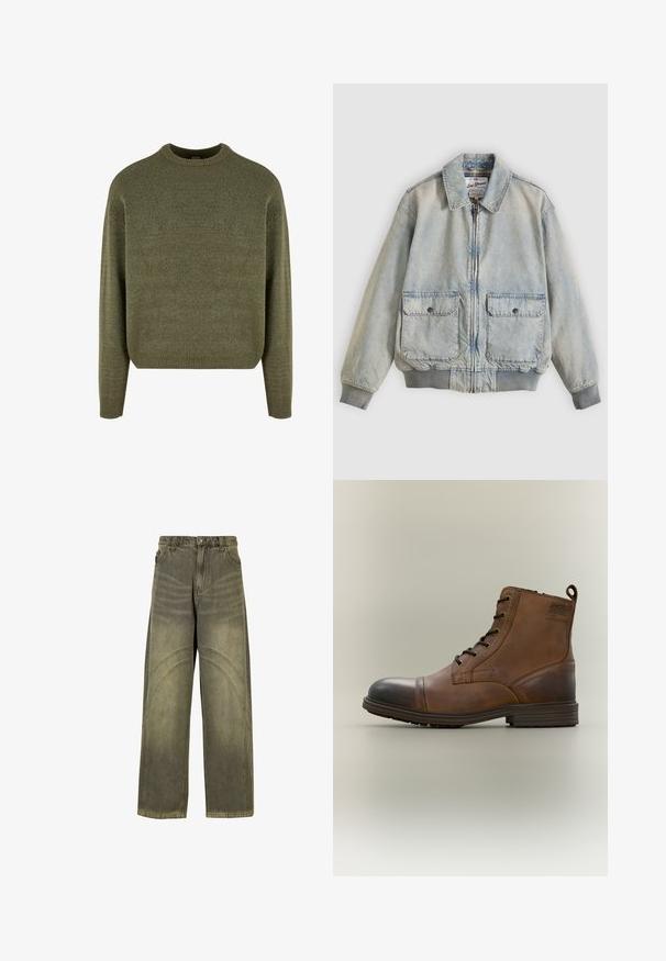 Lyseblå denimjakke med lynlås foran, to forlommer, ribstrikkede manchetter og krave. Har etternetterneture med ternet foer. Casual design.; Grøn uldblandings sweater med rund hals, ribbede manchetter og kant, samt en blød, struktureret finish. Klassisk, afslappet pasform med sænkede skuldre.; Bredde ben jeans i olivengrøn denim med buede søm-detaljer, klassisk knaplukning og en falmet finish.; Brun læderstøvle med snørebånd, sort tåhætte, rund sål og mærket detalje på siden mod ensfarvet baggrund.