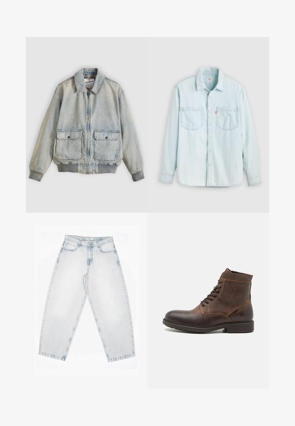 Lichtblauwe spijkerjasje met een ritssluiting aan de voorkant, twee voorzakken, geribbelde manchetten en een kraag. Voorzien van een ruitvoering. Casual ontwerp.; Lichtblauw denim overhemd met lange mouwen, knopen aan de voorkant, twee borstzakken en een kraag, afgebeeld tegen een effen lichte achtergrond.; Lichtgewassen spijkerbroek met een hoge taille, rechte, wijde pijpen, knoop- en ritssluiting en voor- en achterzakken.; Jack & Jones JFWDELANEY BOOT - Veterboots - cognac