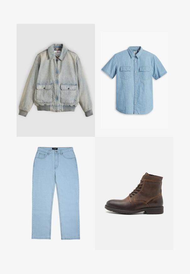 Hellblaue Jeansjacke mit Reißverschluss vorne, zwei Vordertaschen, gerippten Bündchen und Kragen. Mit kariertem Futter. Lässiges Design.; Himmelblaues kurzärmliges Hemd mit Knopfleiste aus Denim, ausgestattet mit zwei Brusttaschen mit vertikaler Naht und klassischem Kragen.; Hellblaue Jeans mit geradem Bein, Vordertaschen, Gürtelschlaufen, Knopfverschluss und sichtbaren Nahtdetails.; Jack & Jones JFWDELANEY BOOT - Schnürstiefelette - cognac