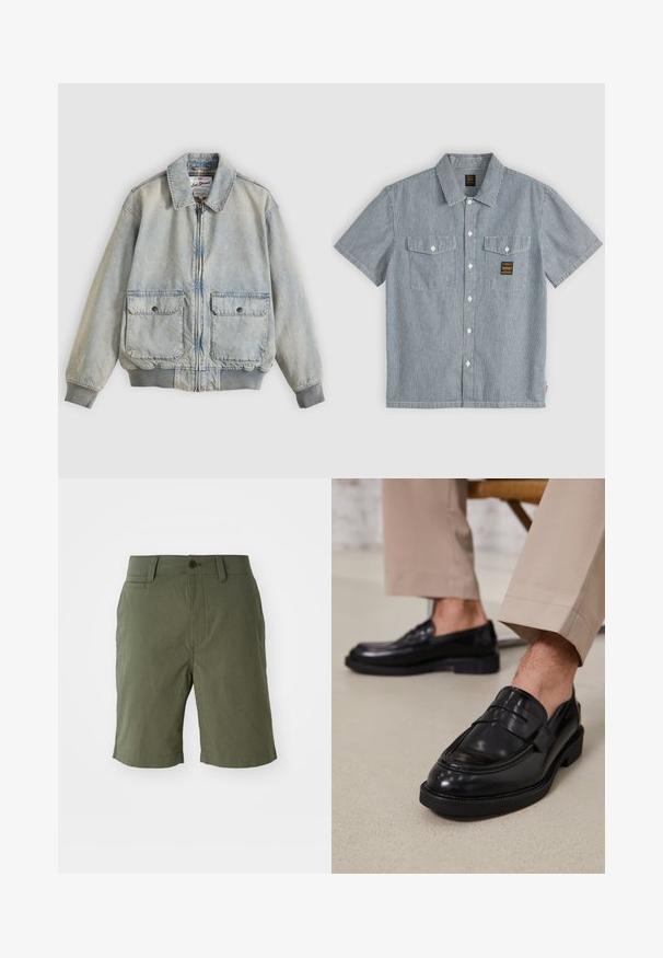 Ανοιχτό μπλε denim μπουφάν με φερμουάρ μπροστά, δύο μπροστινές τσέπες, ριμπ μανσέτες και γιακά. Διαθέτει εσωτερική φόδρα με καρό σχέδιο. Casual σχεδιασμός.; Πουκάμισο με κοντά μανίκια και κουμπιά, λεπτές κάθετες μπλε και λευκές ρίγες, δύο τσέπες στο στήθος με κουμπιά και μικρό ορθογώνιο λογότυπο στην αριστερή τσέπη.; Ελαιόλαδο πράσινα σορτς κατασκευασμένα από ελαφρύ ύφασμα, με επίπεδη μπροστινή όψη, δύο πλαϊνές τσέπες, μία πίσω τσέπη και κουμπί κλεισίματος.; Μαύρες δερμάτινες loafers με λεία υφή, με διακοσμητική λωρίδα και αντίθεση στη ραφή, συνδυασμένες με μπεζ παν trousers.