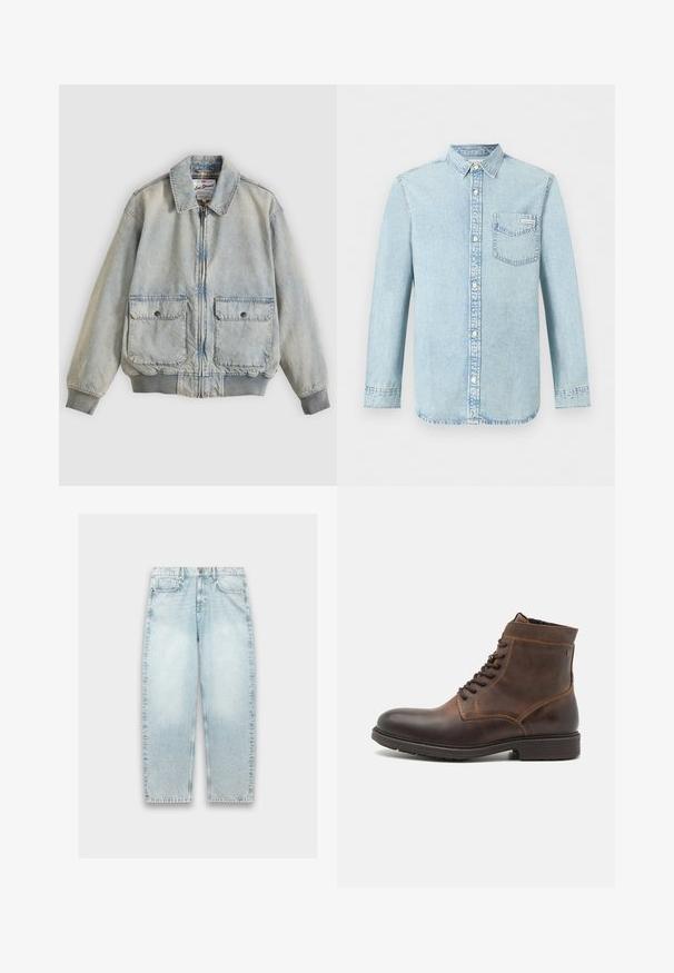 Hellblaue Jeansjacke mit Reißverschluss vorne, zwei Vordertaschen, gerippten Bündchen und Kragen. Mit kariertem Futter. Lässiges Design.; Hellblaues Denim-Hemd mit langen Ärmeln, Knopfleiste vorne, einer Brusttasche mit Calvin Klein-Logo und spitzem Kragen.; Helle blaue Denim-Jeans mit weitem Schnitt, geradem Bein, verblasster Textur, Fünf-Taschen-Design und Metallknopfverschluss am Bund.; Jack & Jones JFWDELANEY BOOT - Schnürstiefelette - cognac