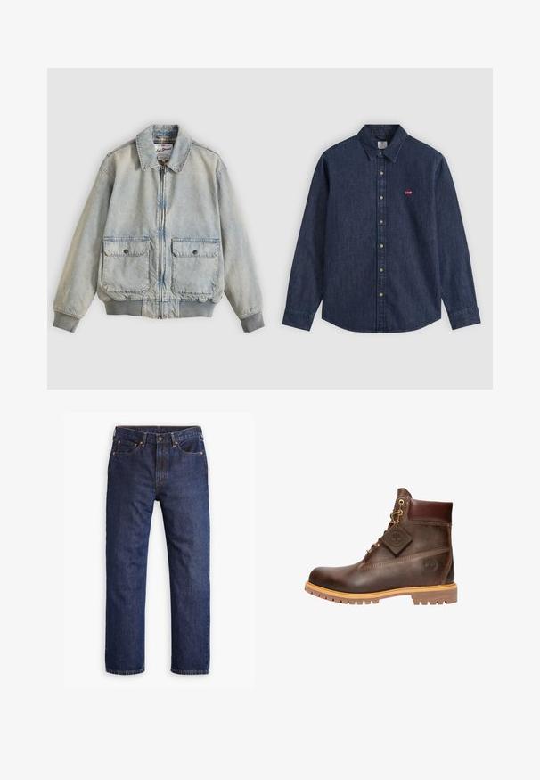 Lyseblå denimjakke med lynlås foran, to forlommer, ribstrikkede manchetter og krave. Har etternetterneture med ternet foer. Casual design.; Mørkeblå denim skjorte med lange ærmer, knapper for, spids krave og lille rødt Levi's-logo på venstre bryst.; Mørkeblå straight-leg denim jeans med frontknap, lynlås, fem lommer og detaljer i kobbernitter.; Brun læder ankelstøvle med rund tå, solid sål, hardware i guldtone og en tekstureret overdel. Inkluderer et logo-tagfæstet.