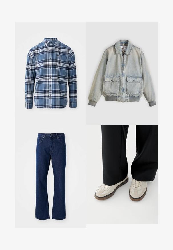 Hellblaue Jeansjacke mit Reißverschluss vorne, zwei Vordertaschen, gerippten Bündchen und Kragen. Mit kariertem Futter. Lässiges Design.; Blau-weißer kariert Langarmhemd aus Baumwolle; mit Button-Down-Kragen; verfügt über ein kleines Logo-Patch auf der Brusttasche.; Dunkelblaue gerade geschnittene Jeans mit Knopf- und Reißverschluss, Gürtelschlaufen und Fronttaschen vor einem schlichten Hintergrund.; Füße mit beigen Sneakers mit braunen Sohlen und schwarzen Hosen mit weitem Bein auf weißem Hintergrund.
